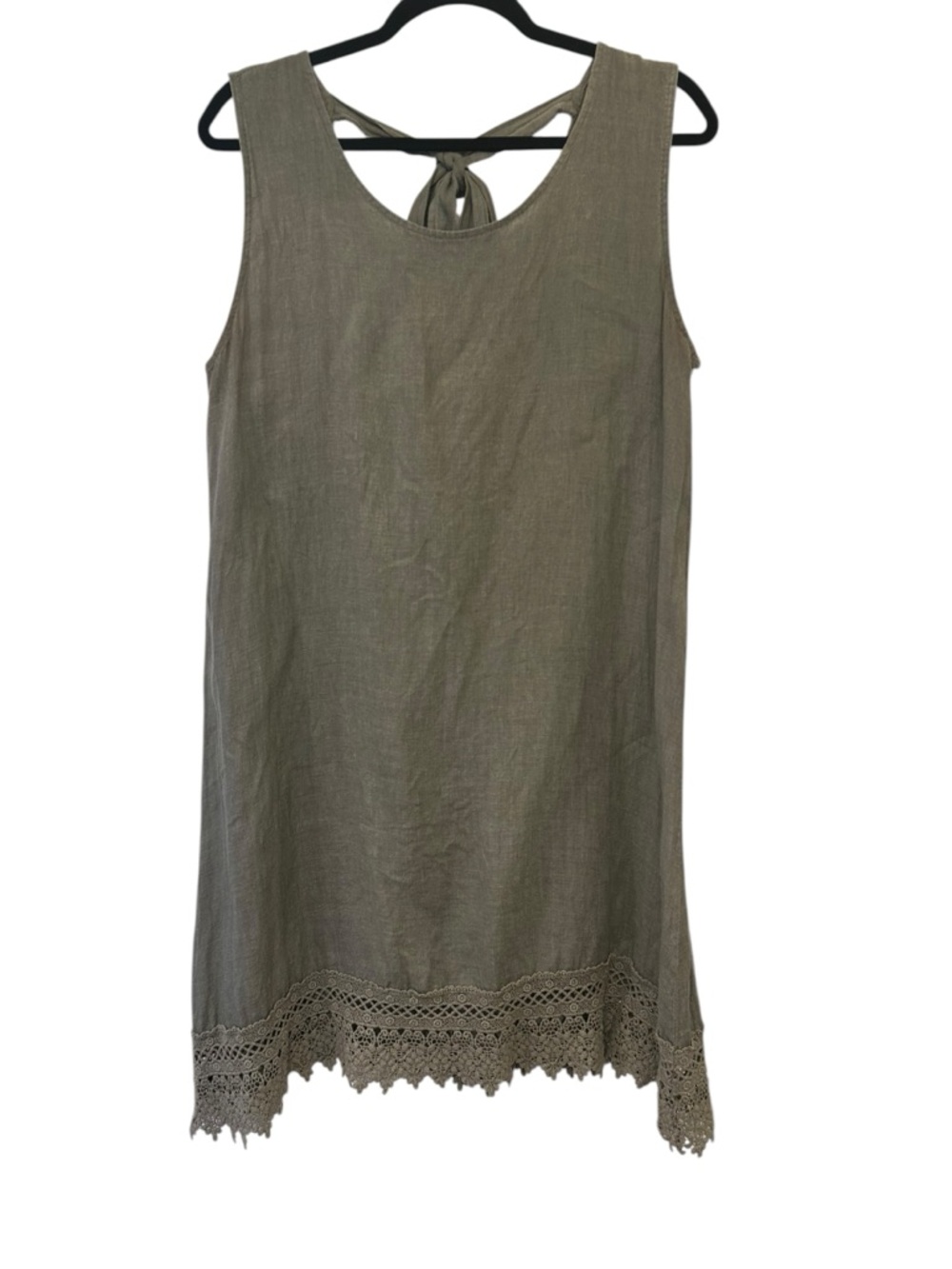 Rosemarine 100% Linen Made in Italy Crochet Trim Shift Dress L Tie Back Boho